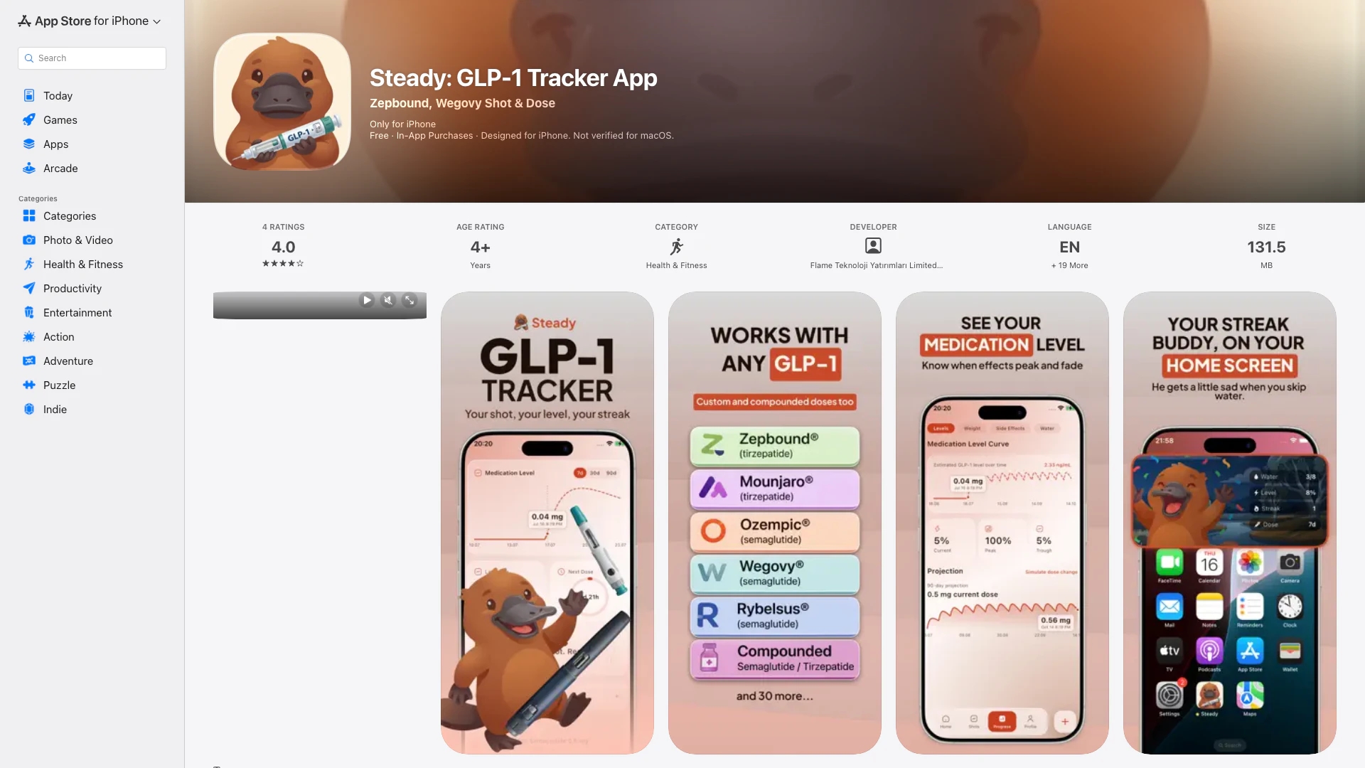 Steady: Glp-1 Tracker App - iOS App website screenshot showing Steady is your complete companion for ma... interface and features
