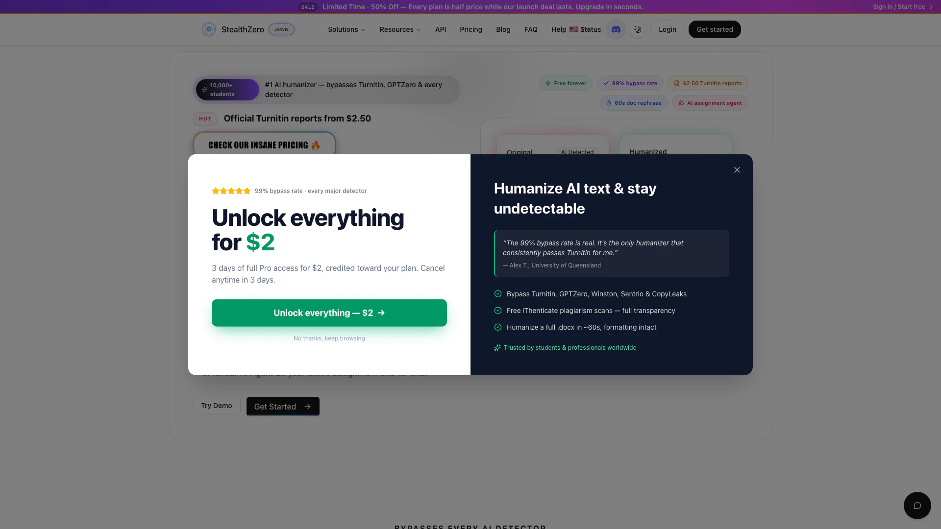 Stealthzeroai website screenshot showing Use our advanced AI Humanizer to bypass ... interface and features