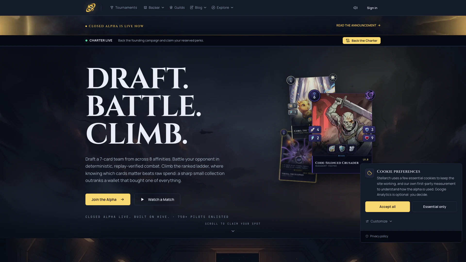 Stellarch website screenshot showing Stellarch is a ranked trading-card game ... interface and features