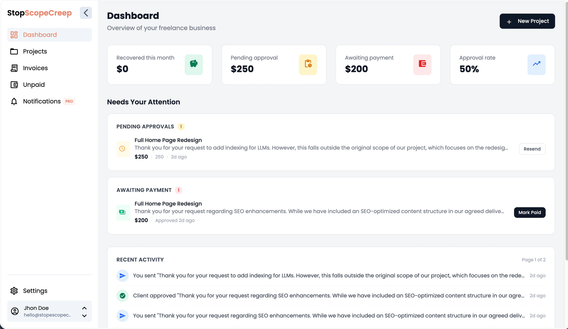 StopScopeCreep freelancer dashboard overview