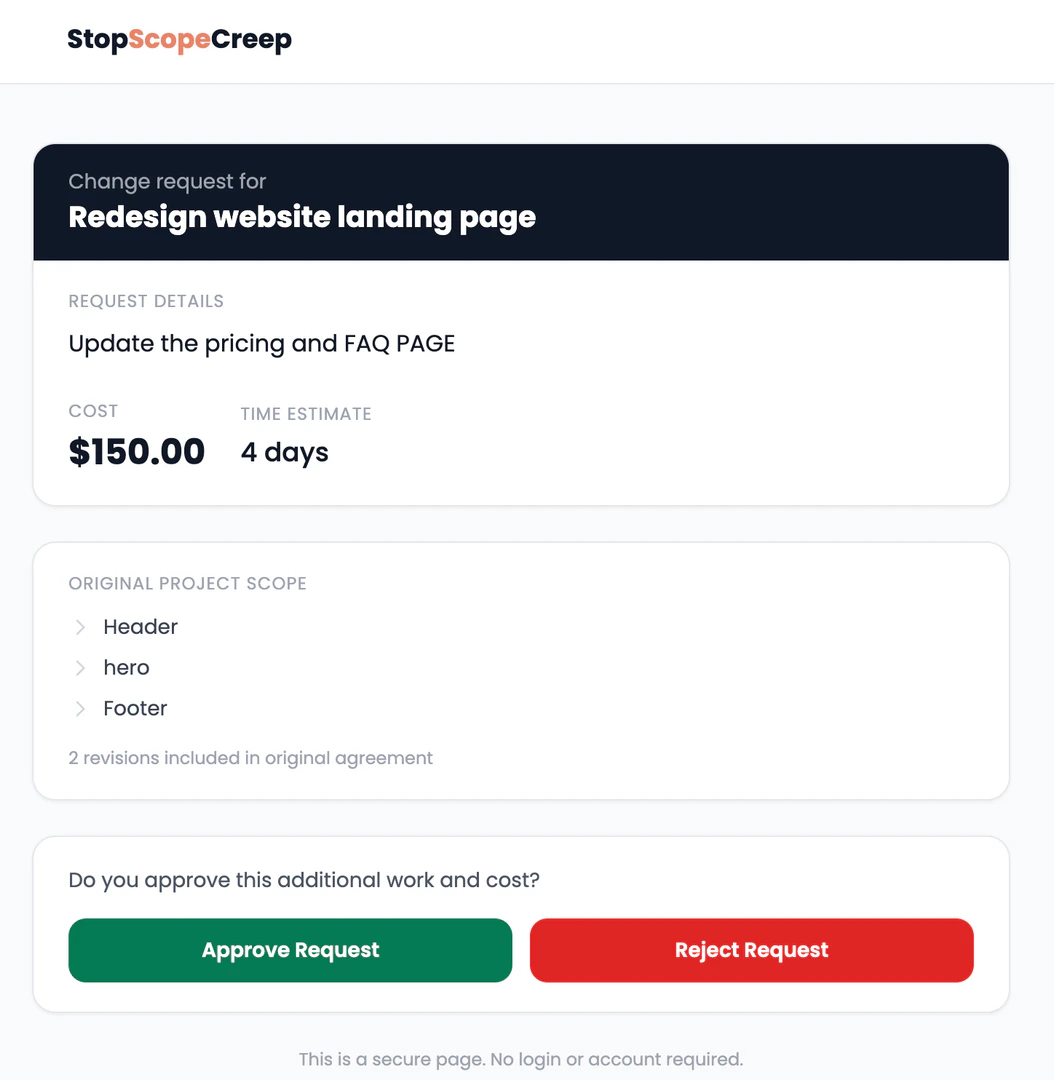 StopScopeCreep client approval page for change requests