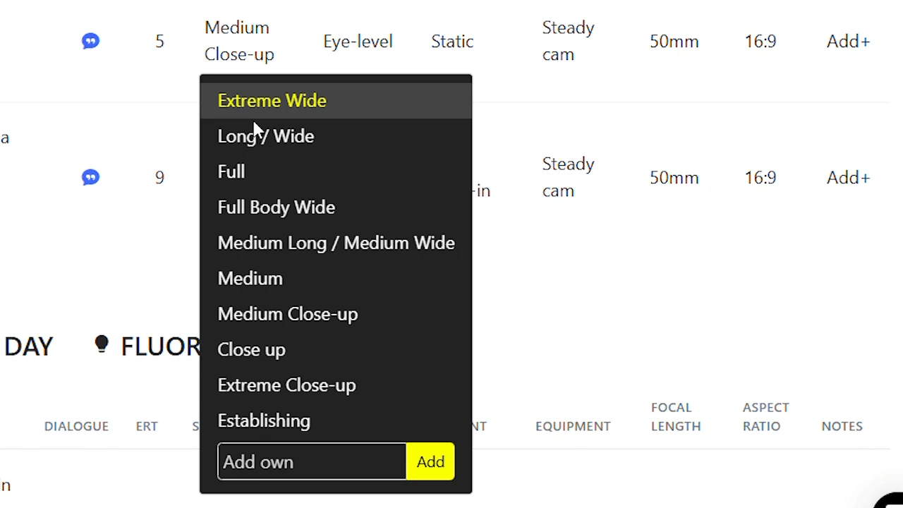 Storyboarder.ai shot list generation feature