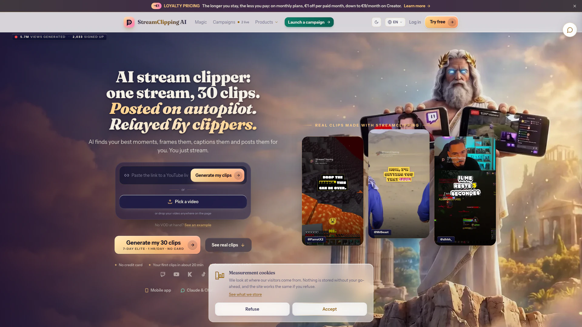 Streamclippingai website screenshot showing Công cụ cắt và phần mềm cắt AI cho các s... interface and features