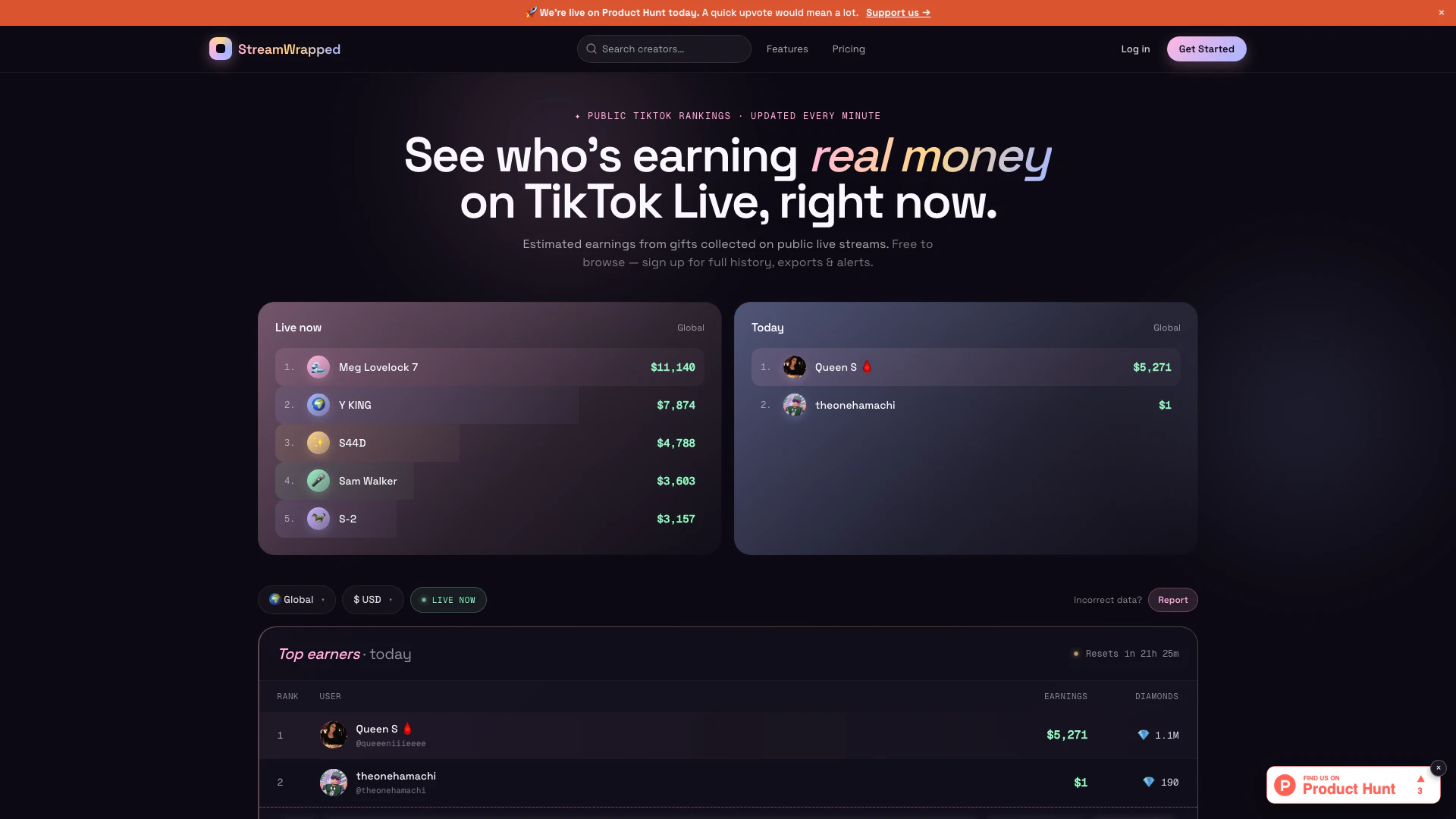 Streamwrapped website screenshot showing StreamWrapped는 TikTok Live 수익, 다이아몬드 및 선... interface and features