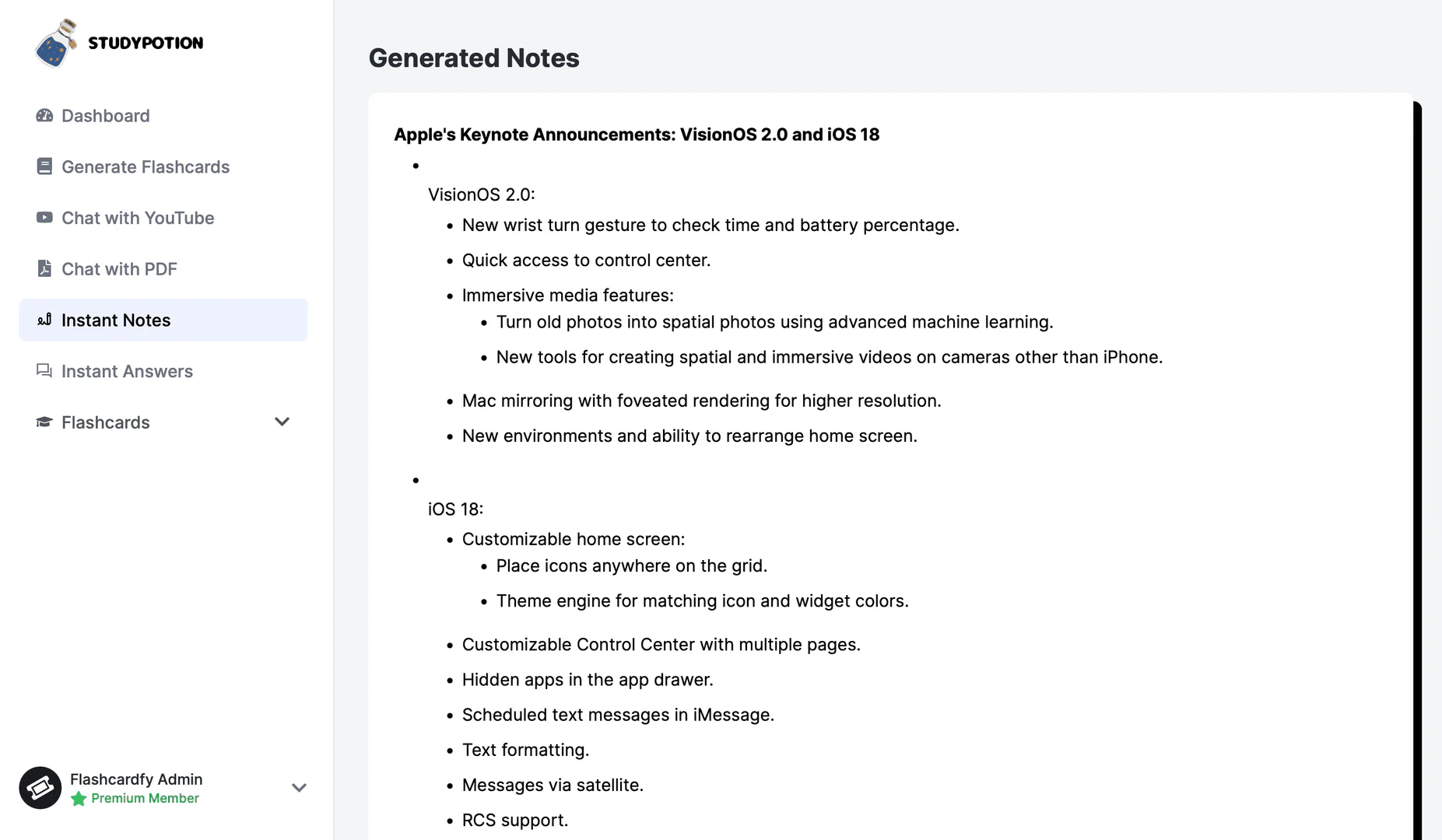 Study Potion AI note generation demonstration