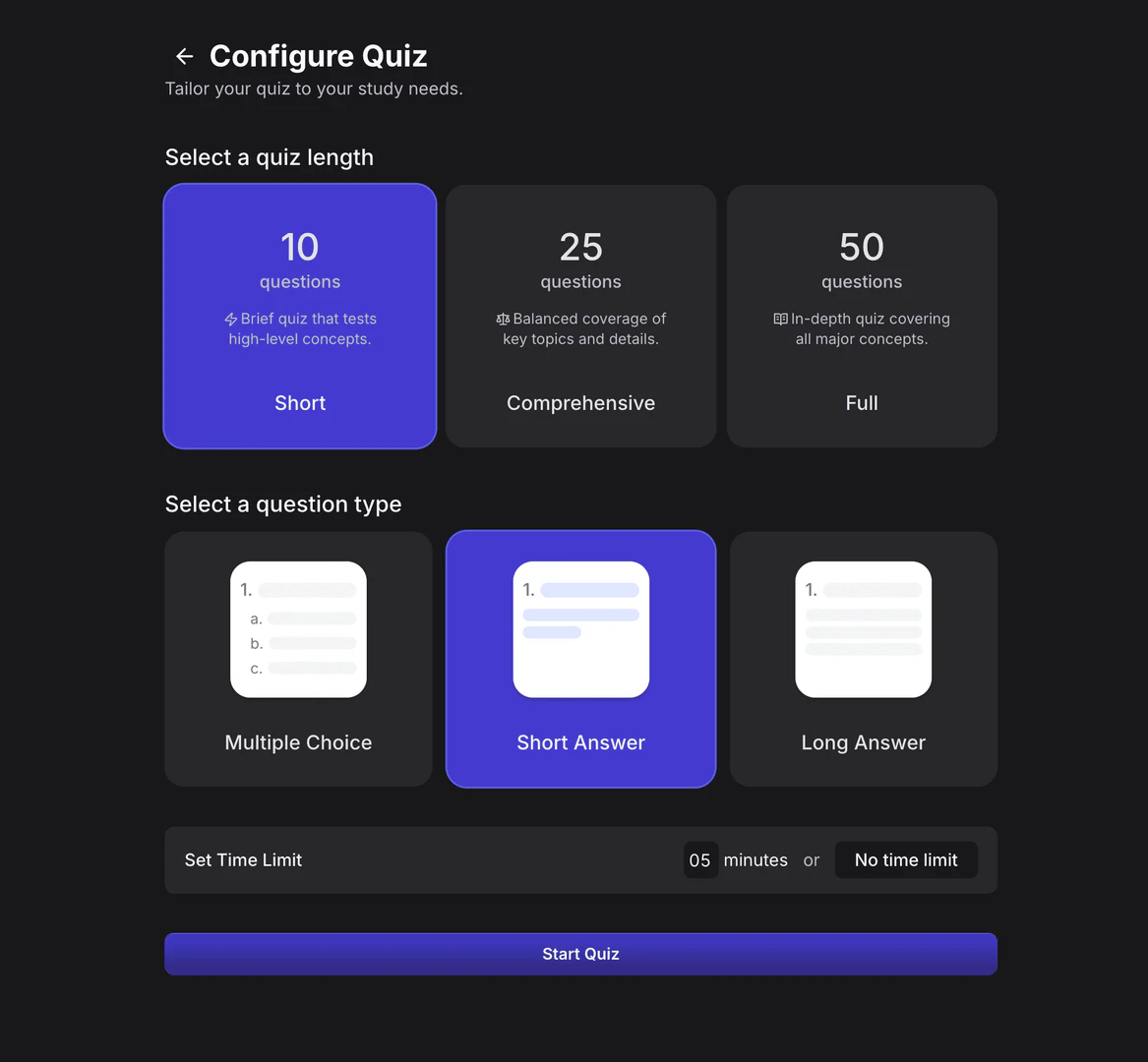Studysimai custom quiz generation feature demonstration