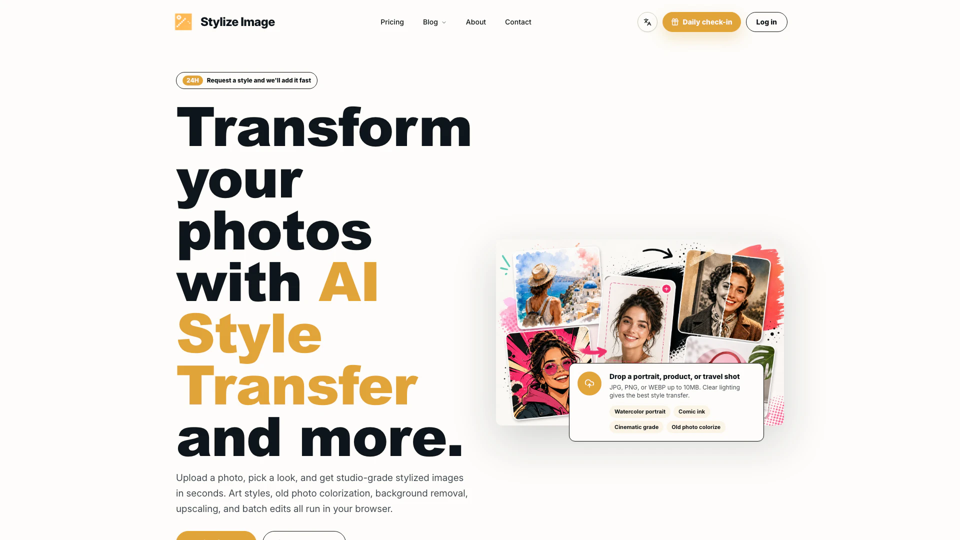 Stylize Image website screenshot showing Stylize your photos in seconds with AI a... interface and features
