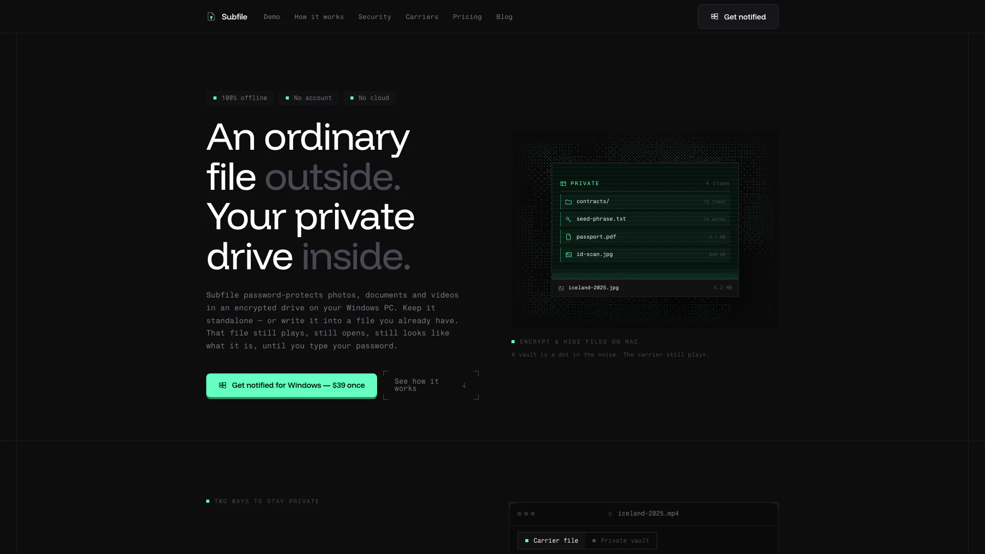 Subfile website screenshot showing Proteja con contraseña y oculte fotos, d... interface and features