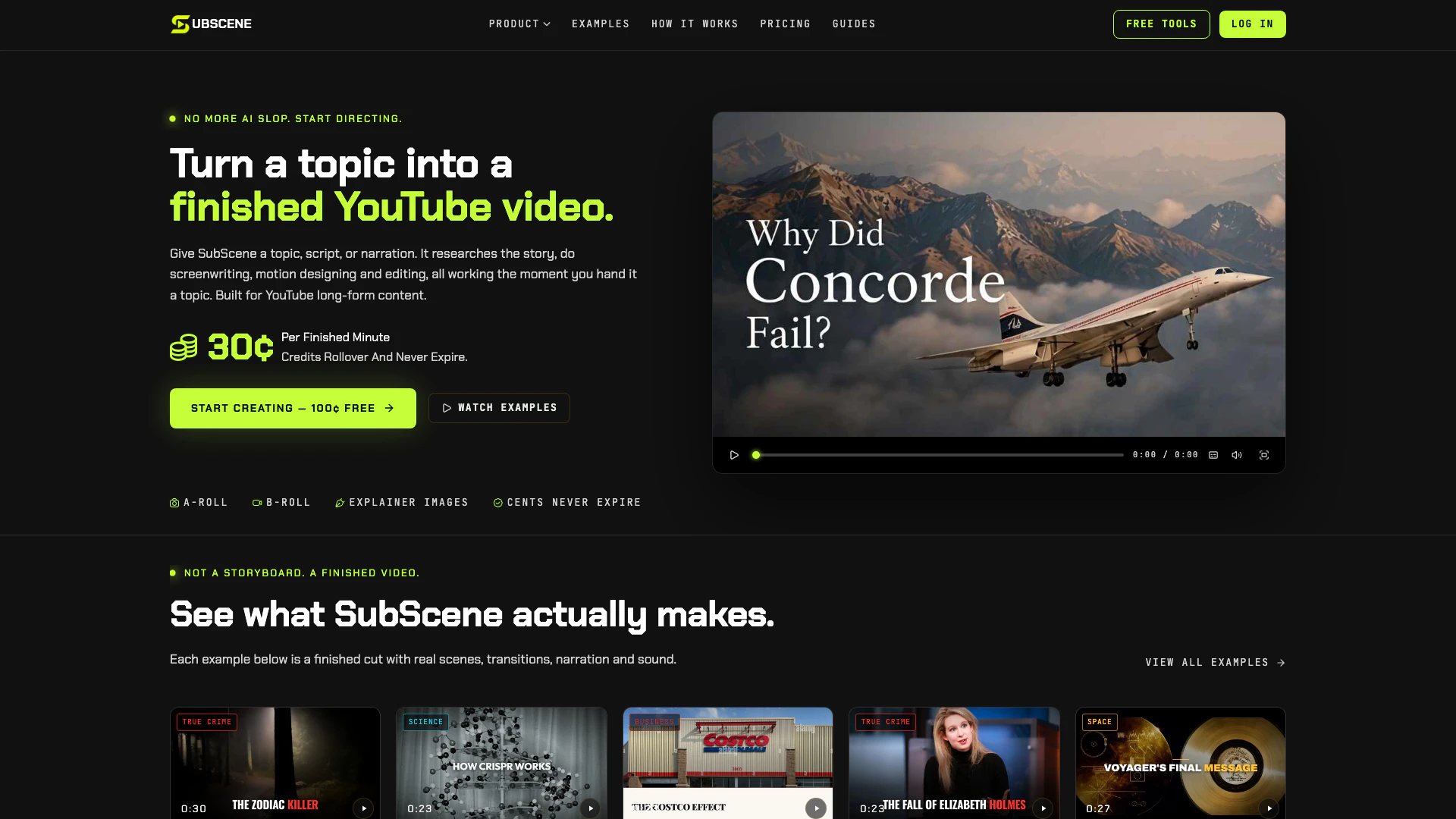 Subscene website screenshot showing Subsceneは、実際の映画のように演出された顔なしYouTube動画を作成し... interface and features