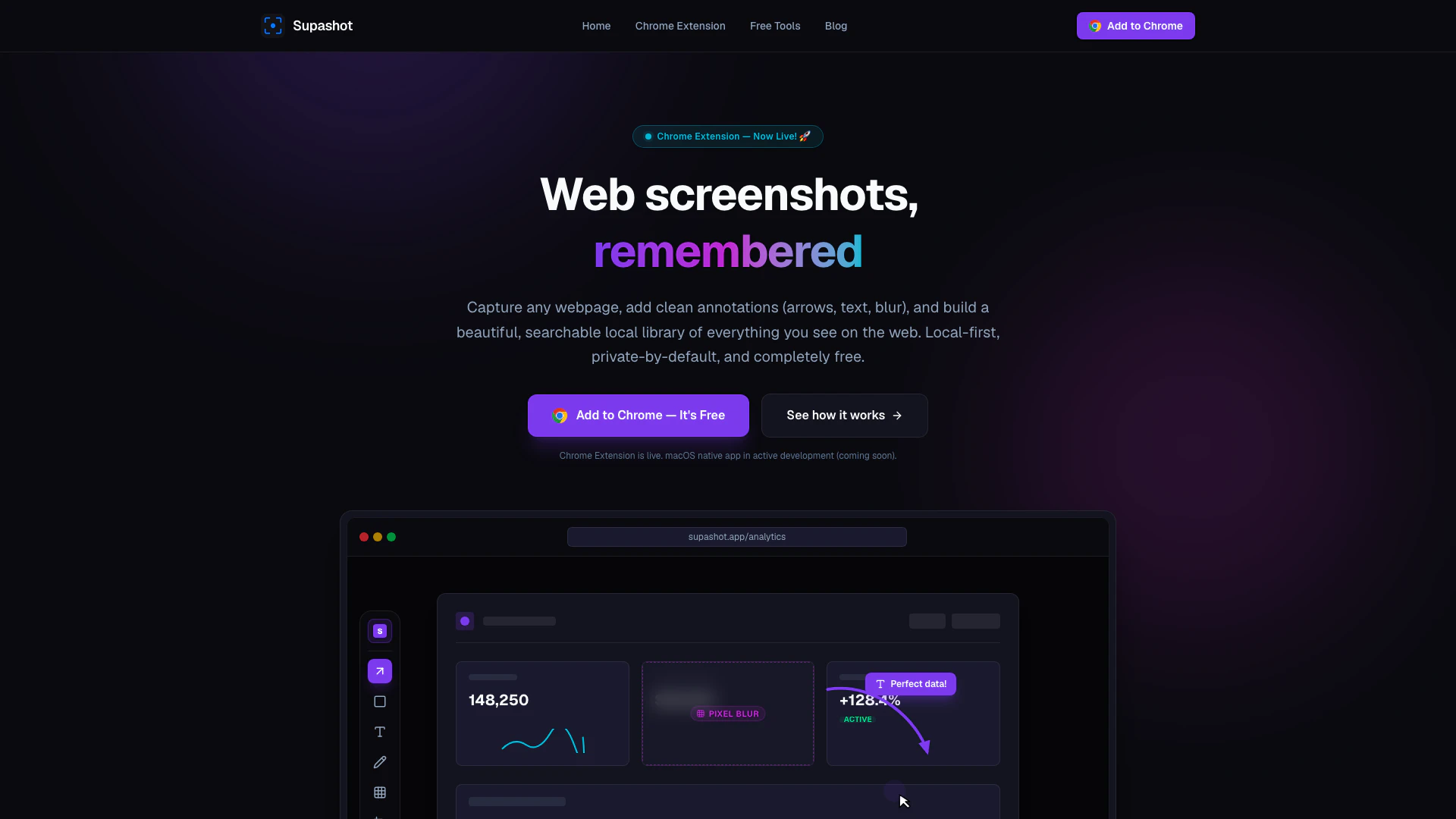 Supashot website screenshot showing Supashot is a free screenshot tool and C... interface and features