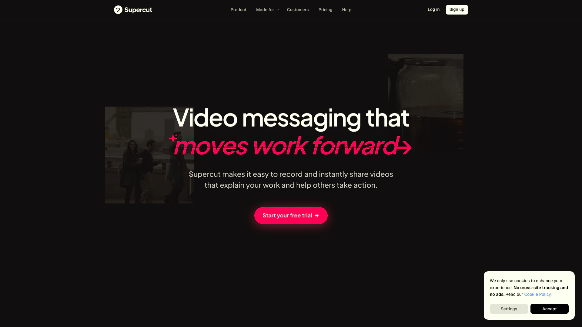 Supercut - Extension Chrome website screenshot showing Supercut est un puissant outil d'enregis... interface and features