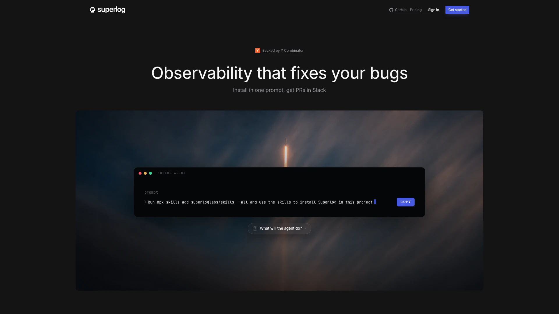 Superlog website screenshot showing Superlog provides full observability for... interface and features