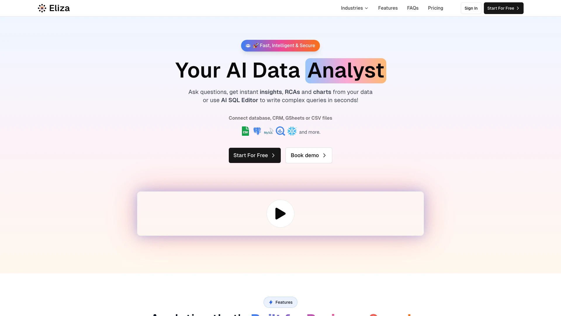 Supranalyst website screenshot showing Eliza ist ein KI-Datenanalyst, der sofor... interface and features