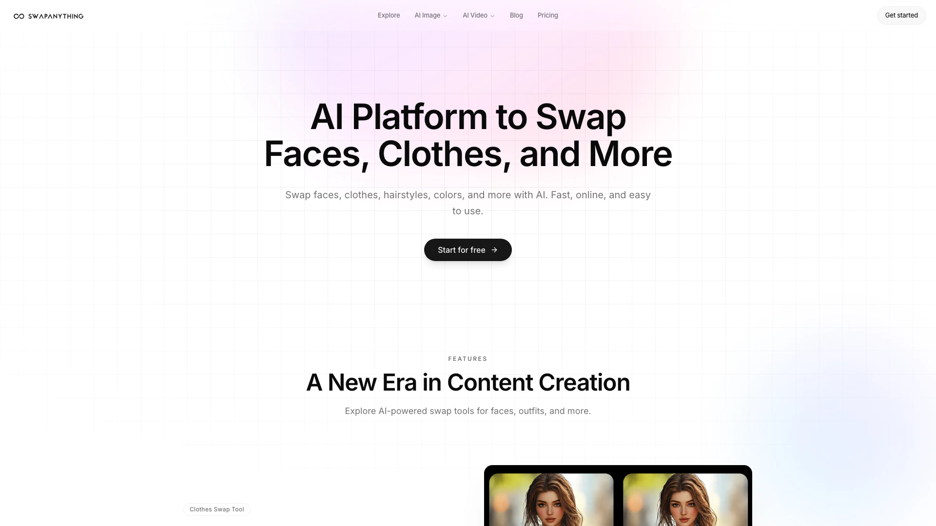 Swapanything.io website screenshot showing Swap faces, clothes, hairstyles, colors,... interface and features