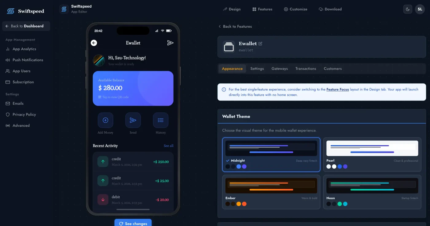 Swiftspeed app builder interface overview
