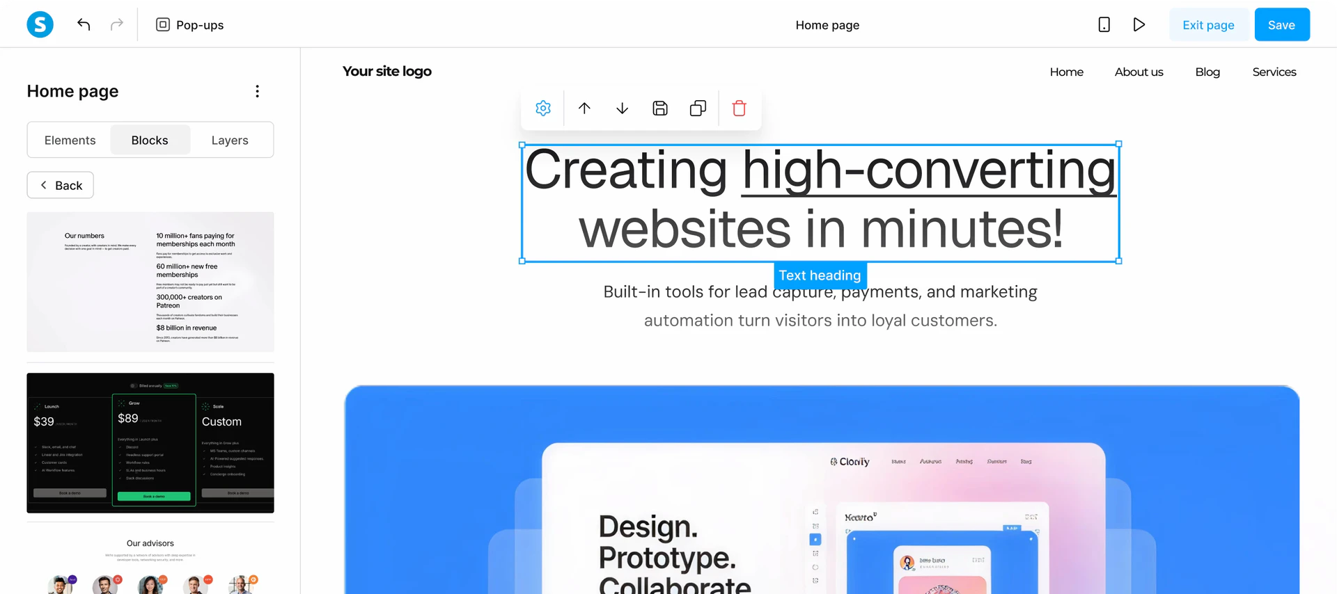 Systeme product interface showing page editor