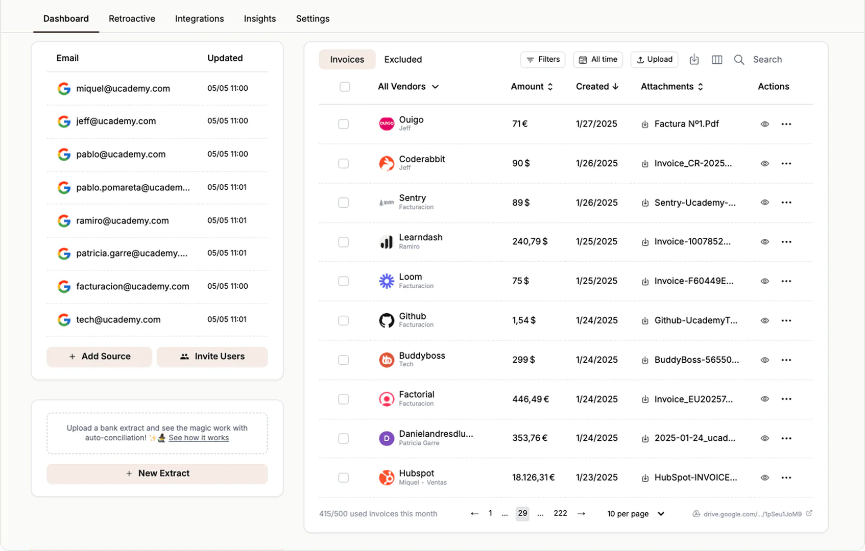 Tailride application dashboard showing invoice management