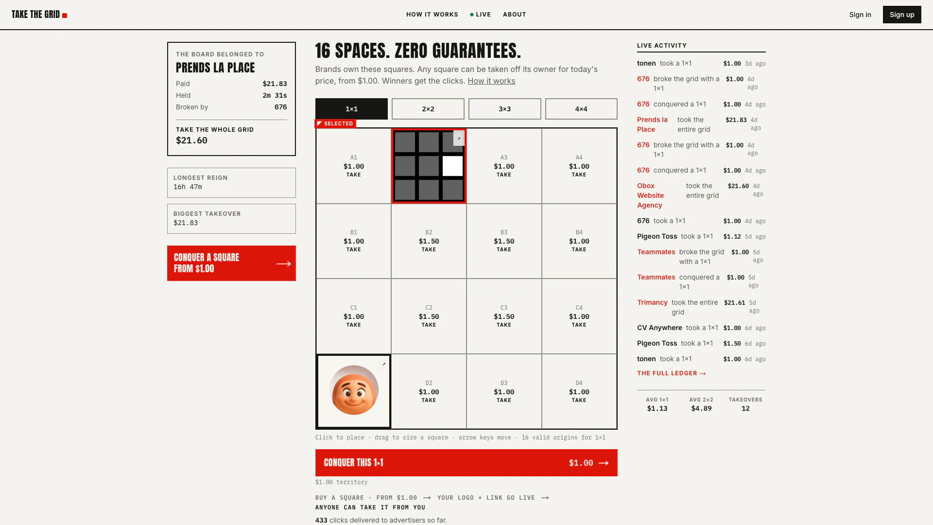 Takethegrid website screenshot showing Nehmen Sie das Territorium ein und zeige... interface and features