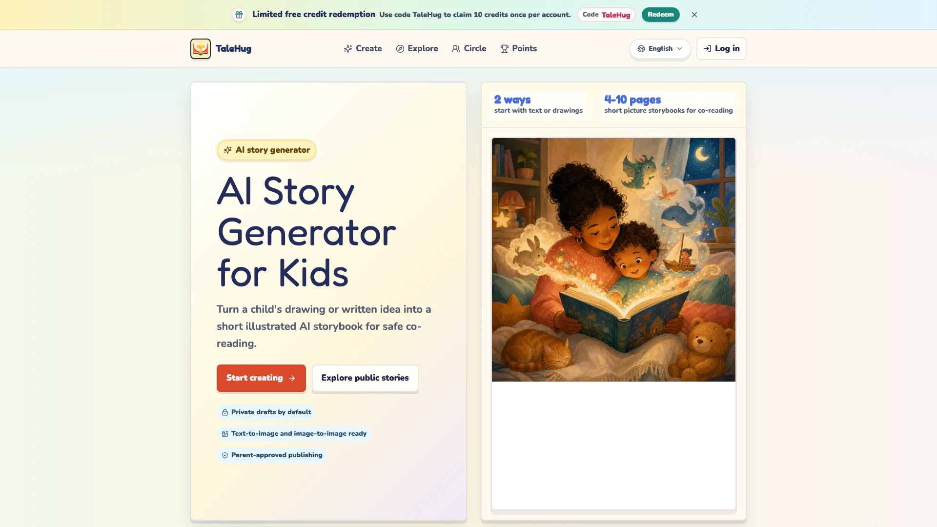 Talehug website screenshot showing TaleHug is an AI story generator for kid... interface and features