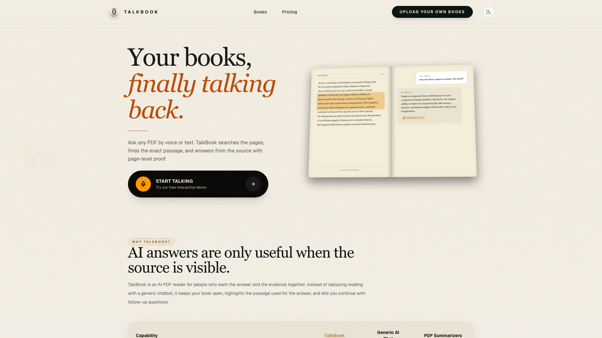 Talkbook website screenshot showing TalkBook allows you to ask any PDF by vo... interface and features