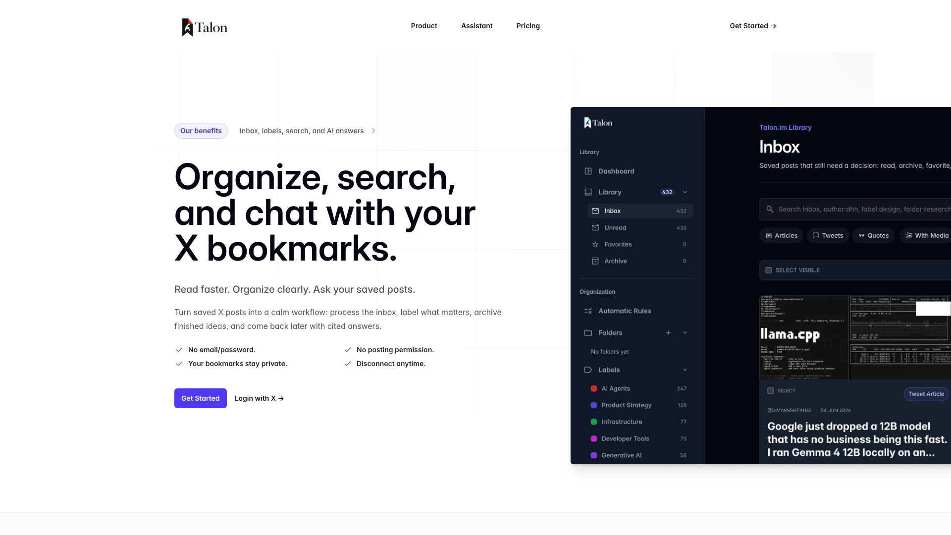 Talon website screenshot showing Talon transforms your saved X posts into... interface and features