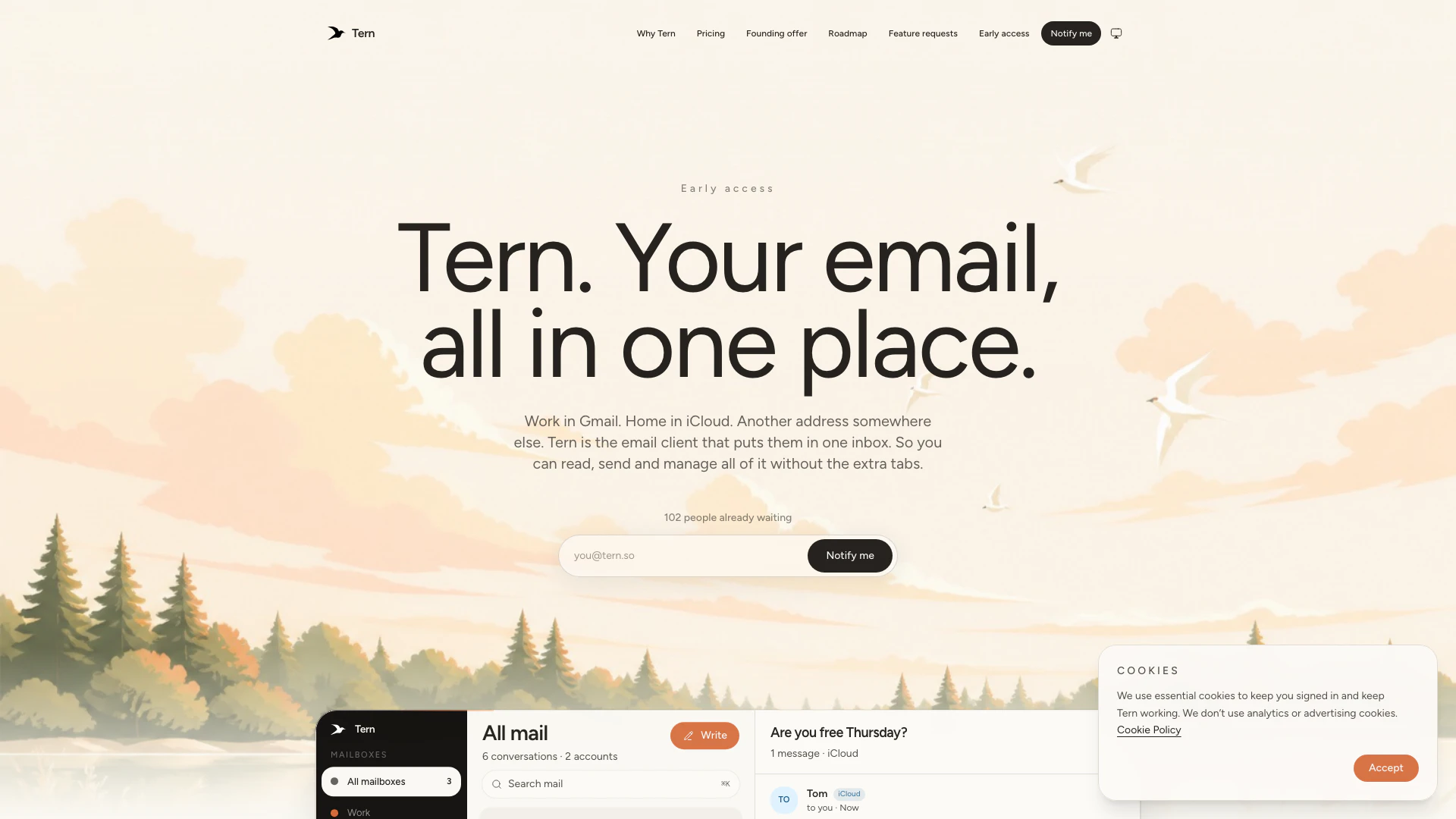 Tern website screenshot showing Tern brings Gmail, Outlook, iCloud, Zoho... interface and features