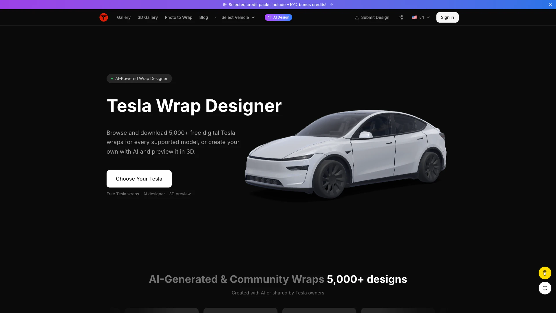 Tesla Wrap Designer website screenshot showing Browse and download 5,000+ free digital ... interface and features