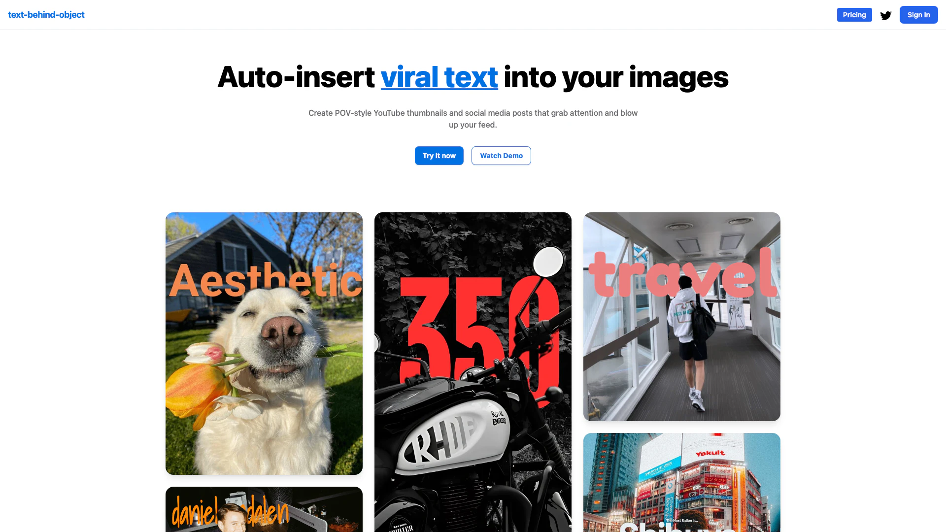 Textbehindobject website screenshot showing Create eye-catching thumbnails and posts... interface and features