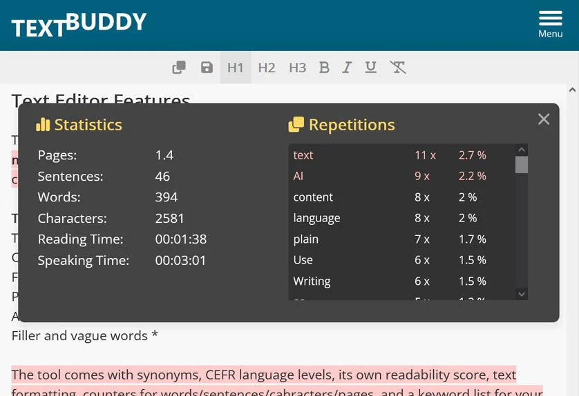 Textbuddy product interface showing text analysis features