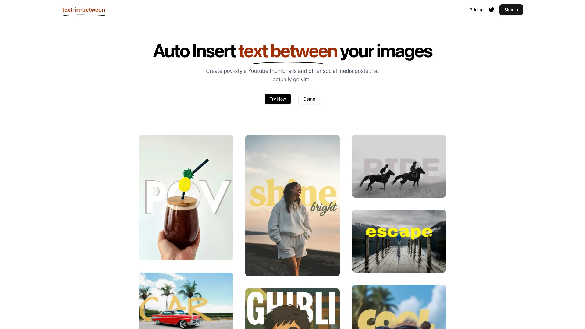 Textinbetween website screenshot showing Automatically insert text behind your im... interface and features