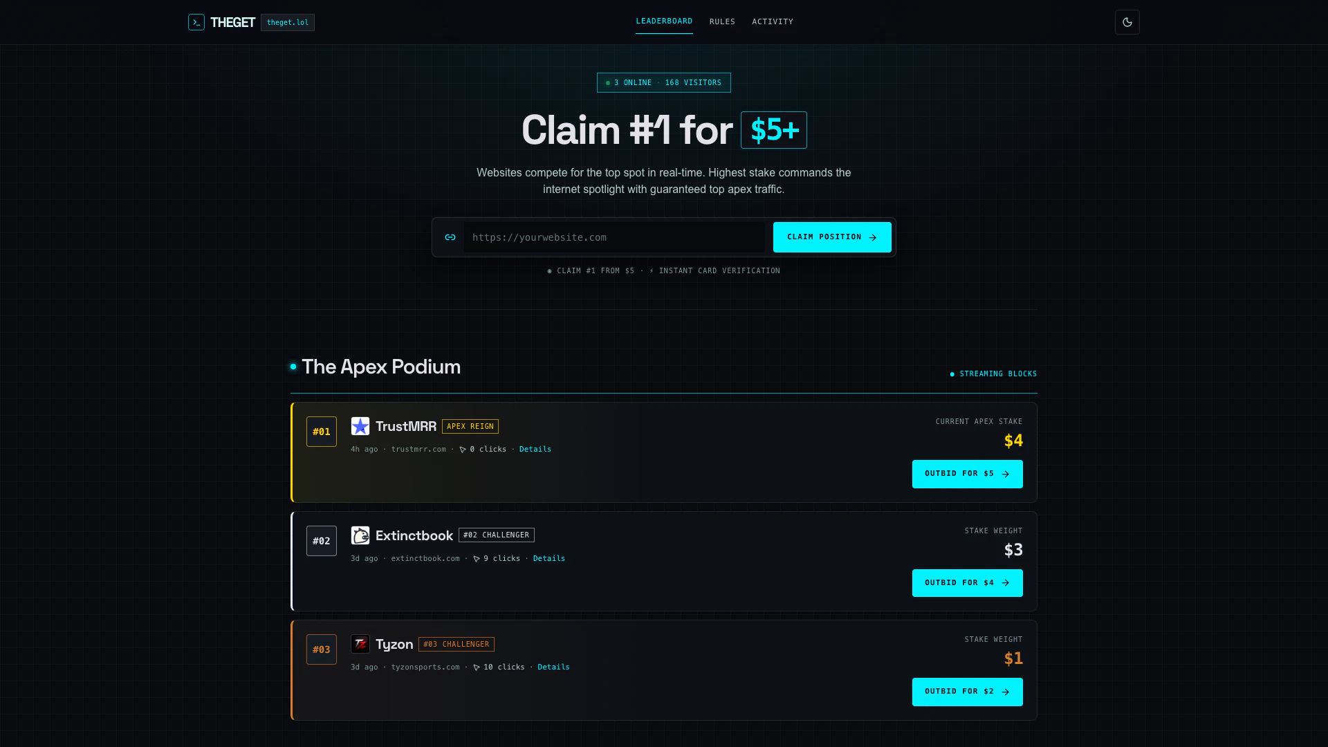 Theget website screenshot showing THEGET est un classement compétitif où l... interface and features