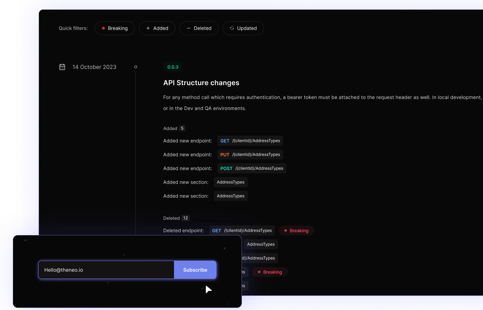 Theneo automatic changelog feature demonstration