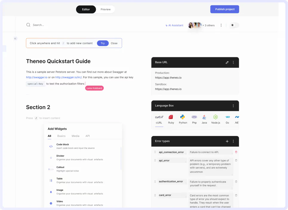 Theneo user scenario showing collaborative documentation