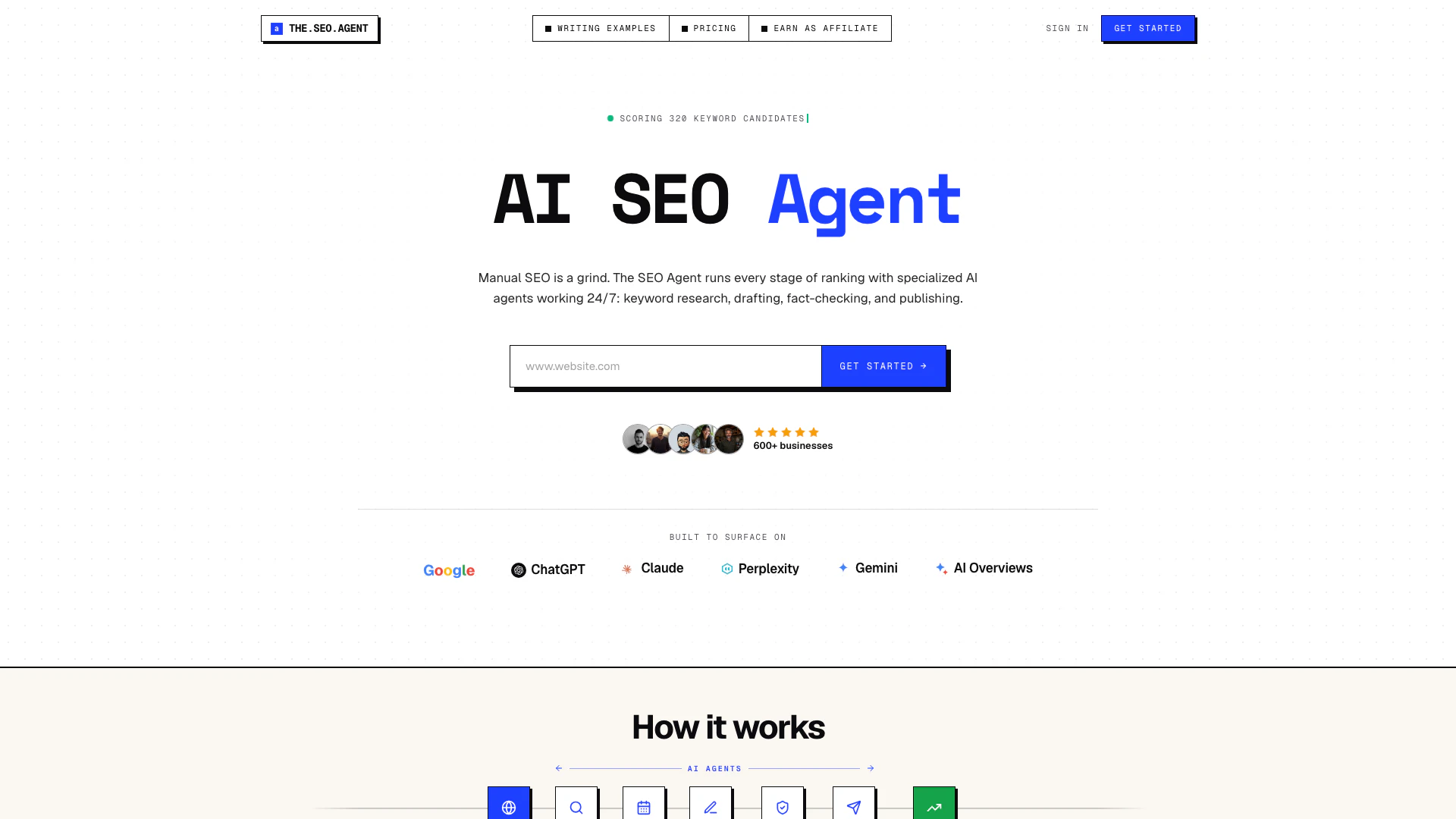 Theseoagentai website screenshot showing Theseoagentai is an AI-powered SEO agent... interface and features