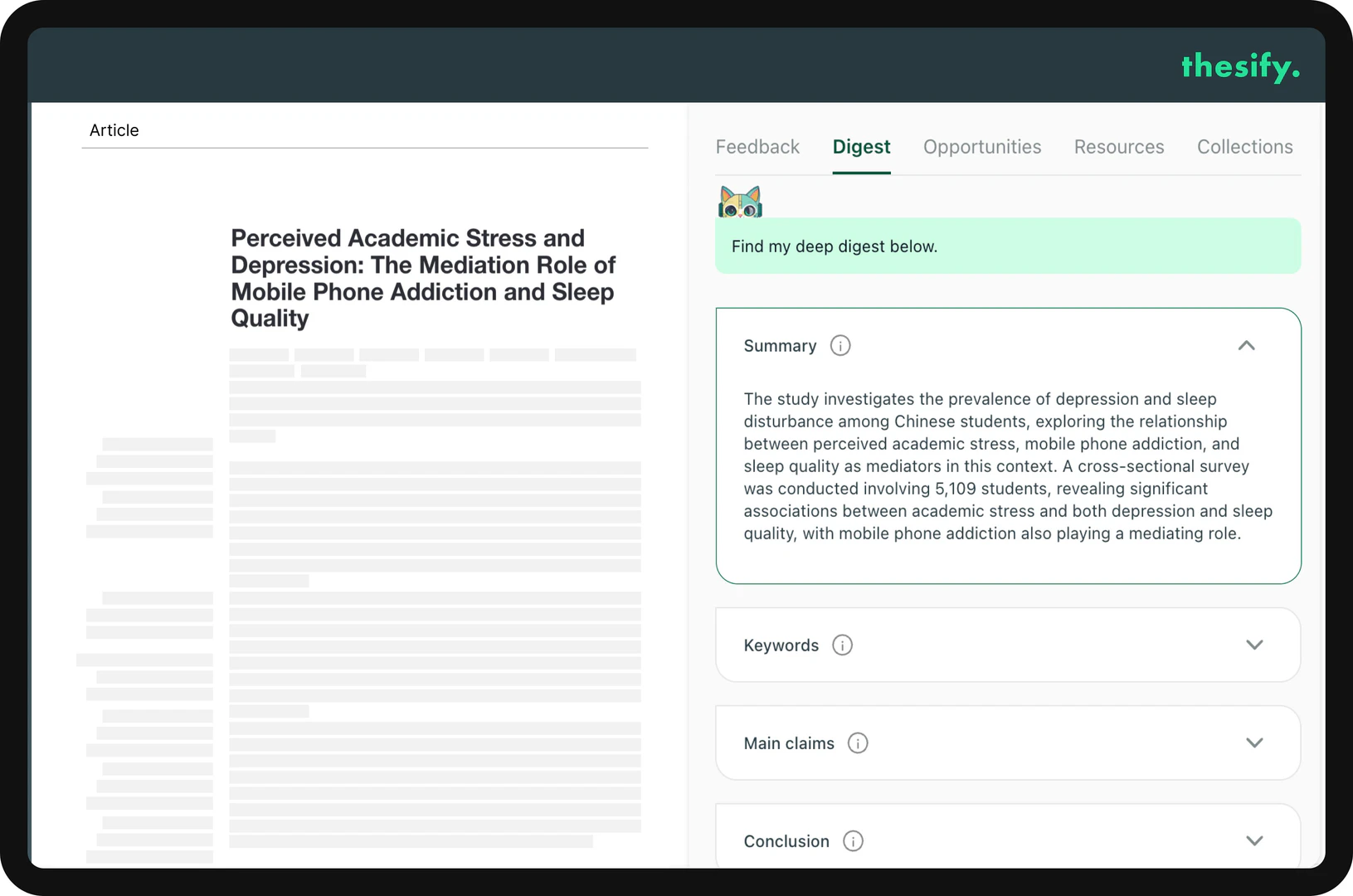 Thesifyai product interface showcasing academic writing feedback