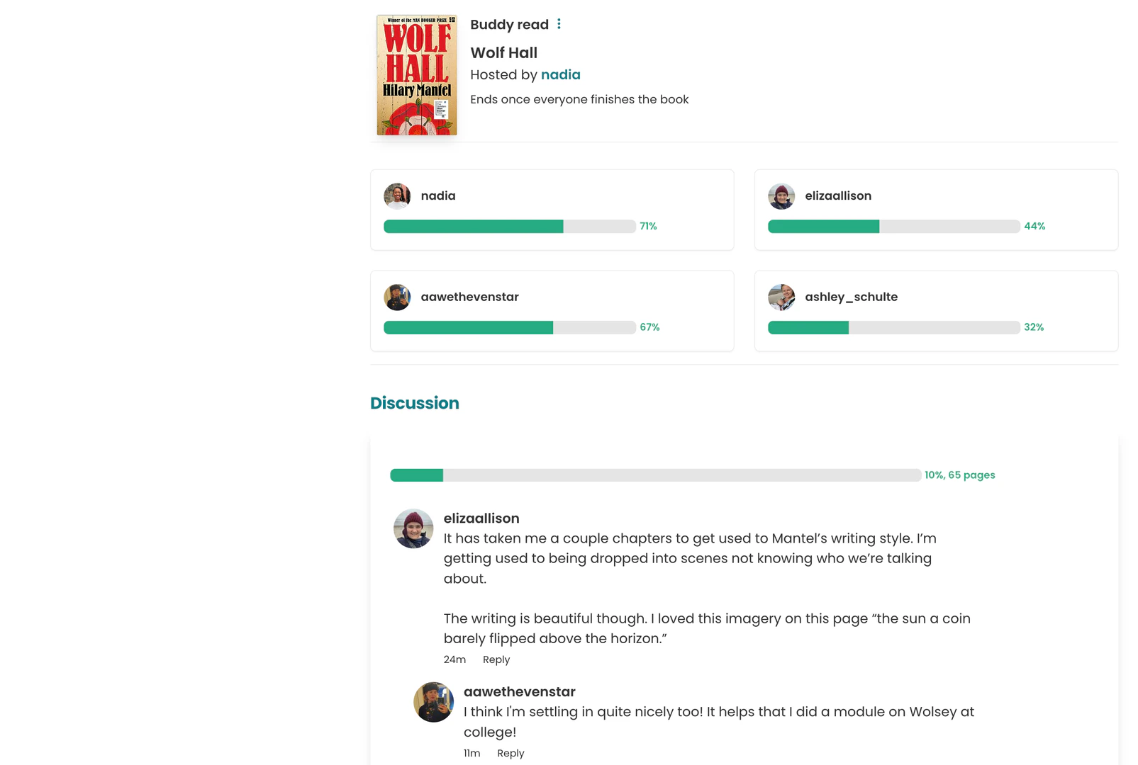 The StoryGraph buddy read feature showing participant progress