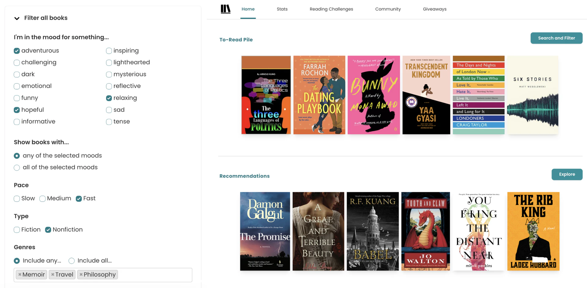 The StoryGraph mood filter interface for selecting book preferences