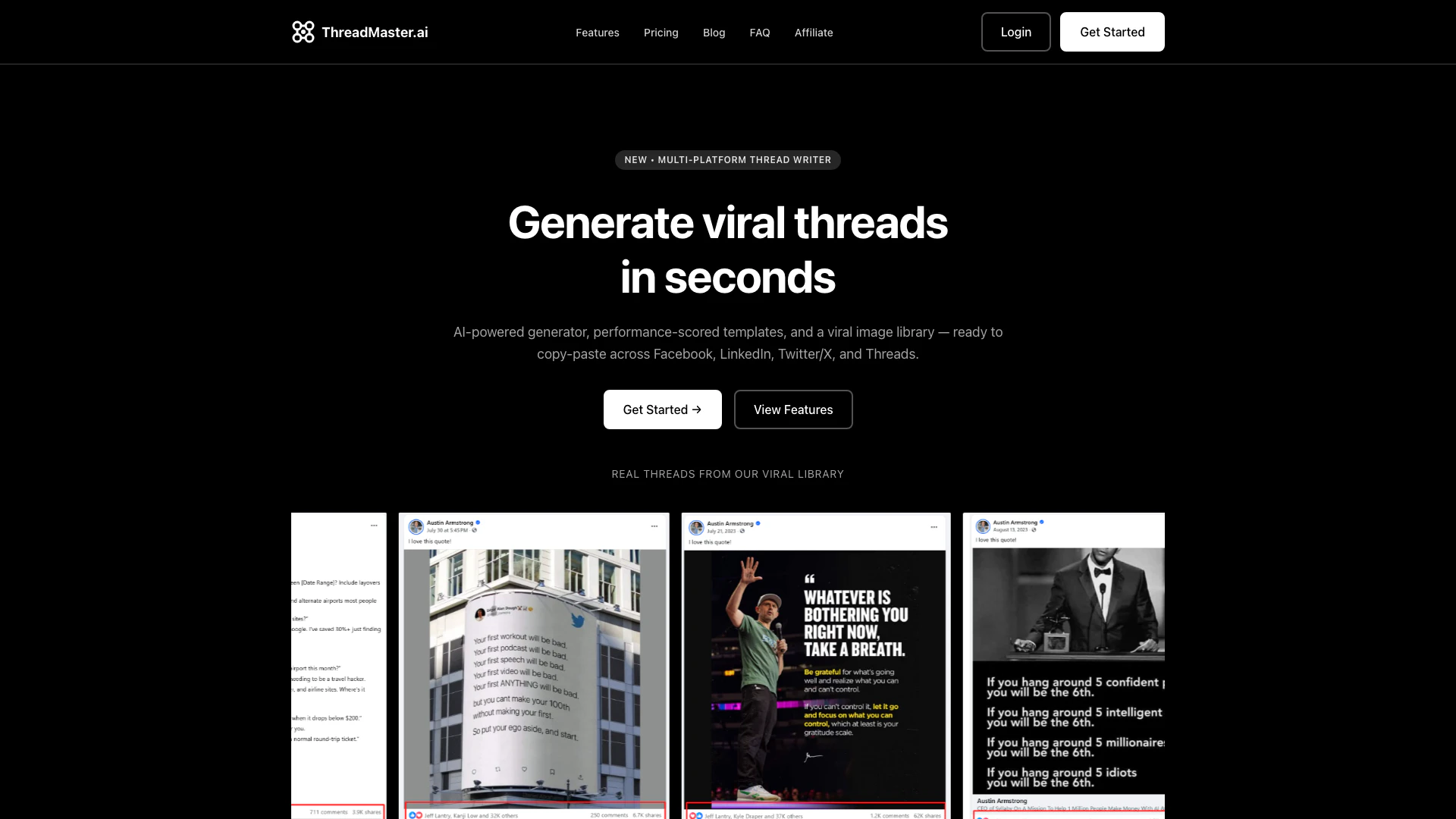 Threadmasterai website screenshot showing Create viral social media threads effort... interface and features