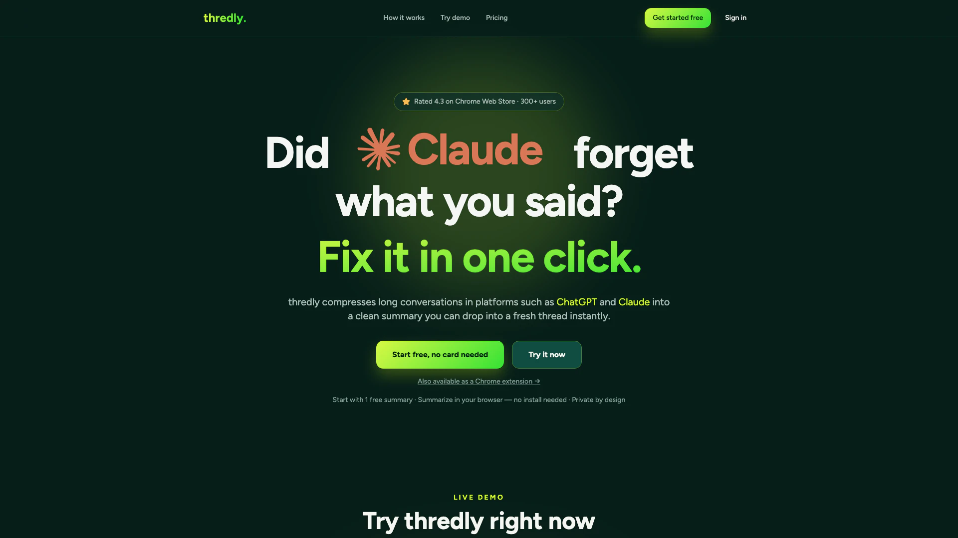 Thredly website screenshot showing Thredly ist eine kostenlose Chrome-Erwei... interface and features