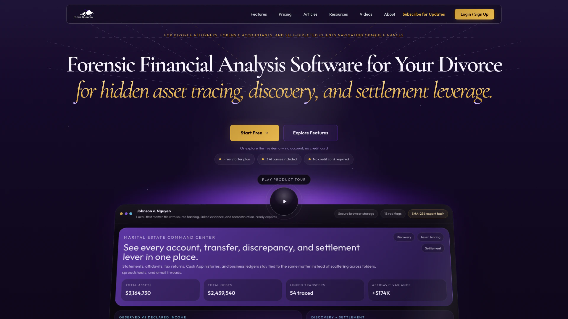 Thrivefinancial website screenshot showing Thrive Financial is a comprehensive divo... interface and features