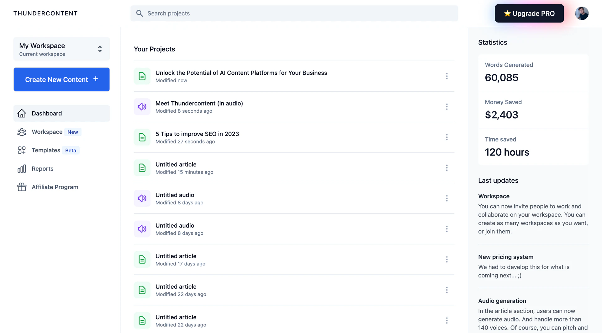 Thundercontent product interface overview
