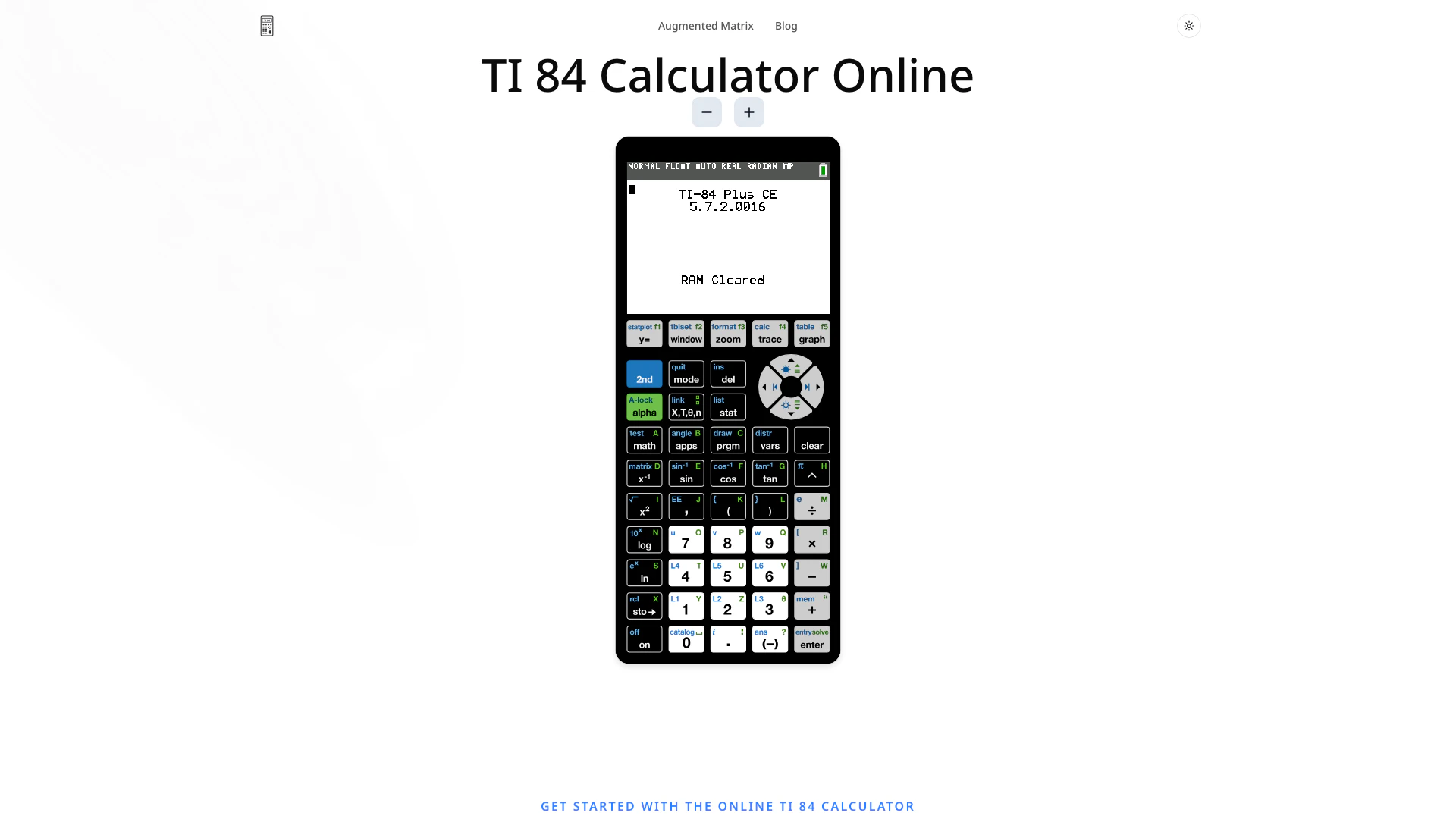 Ti 84 Calculator website screenshot showing Use a free TI 84 calculator for graphing... interface and features