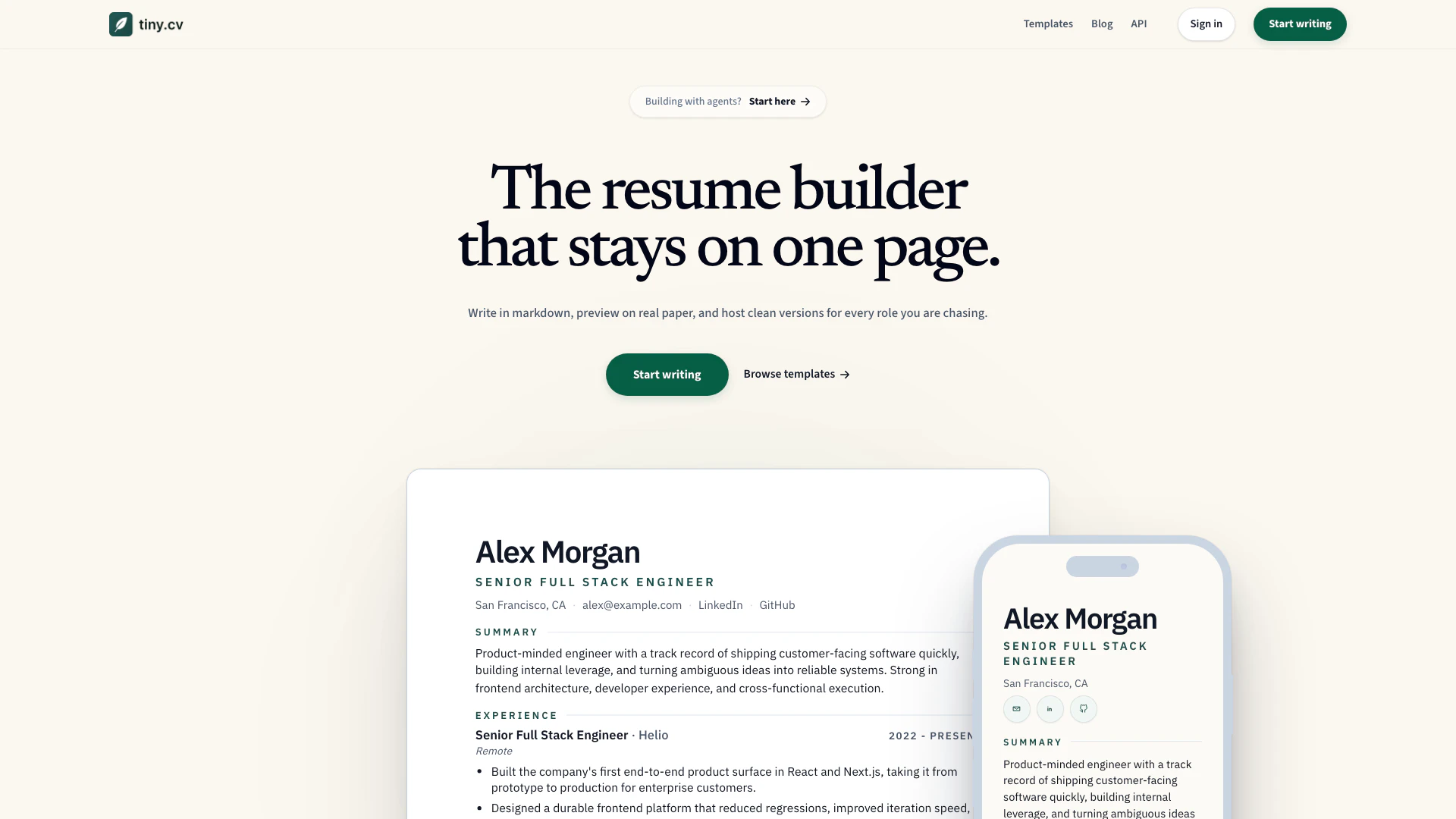 Tiny website screenshot showing Create and publish your CV effortlessly ... interface and features