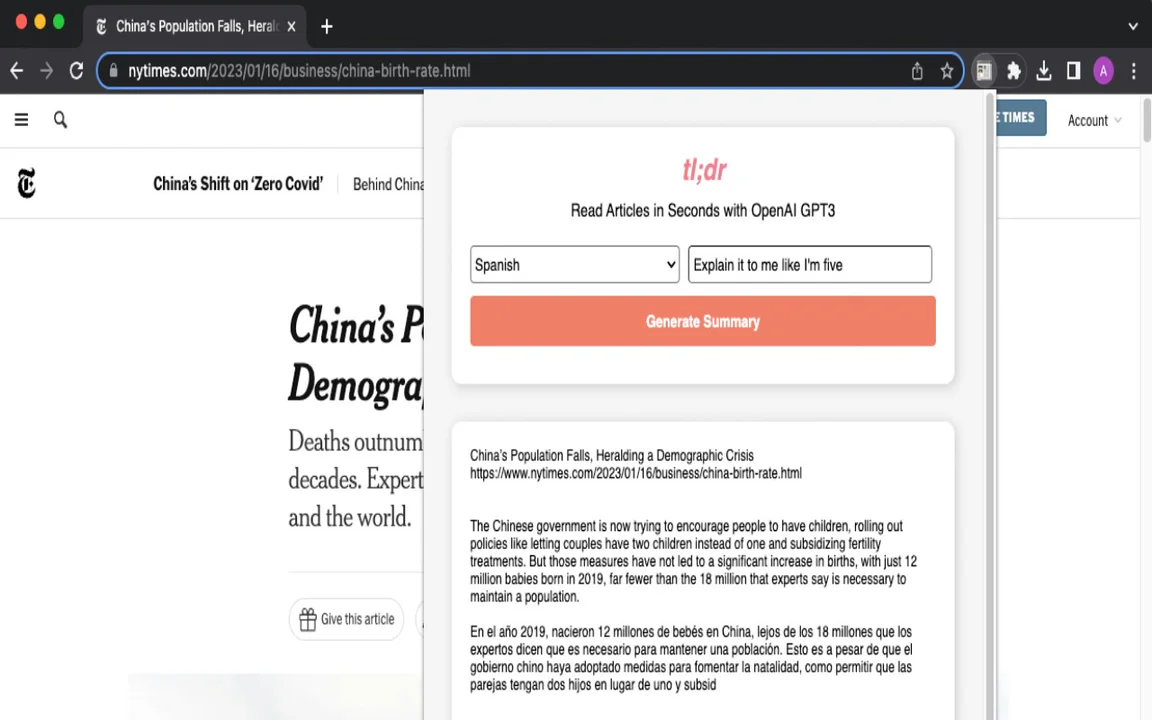 Tldr Gpt3 News Summarizer - Chrome 확장 프로그램 website screenshot showing tl;dr는 뉴스를 빠르고 효과적으로 요약해주는 AI 기반 도구로, 사용... interface and features