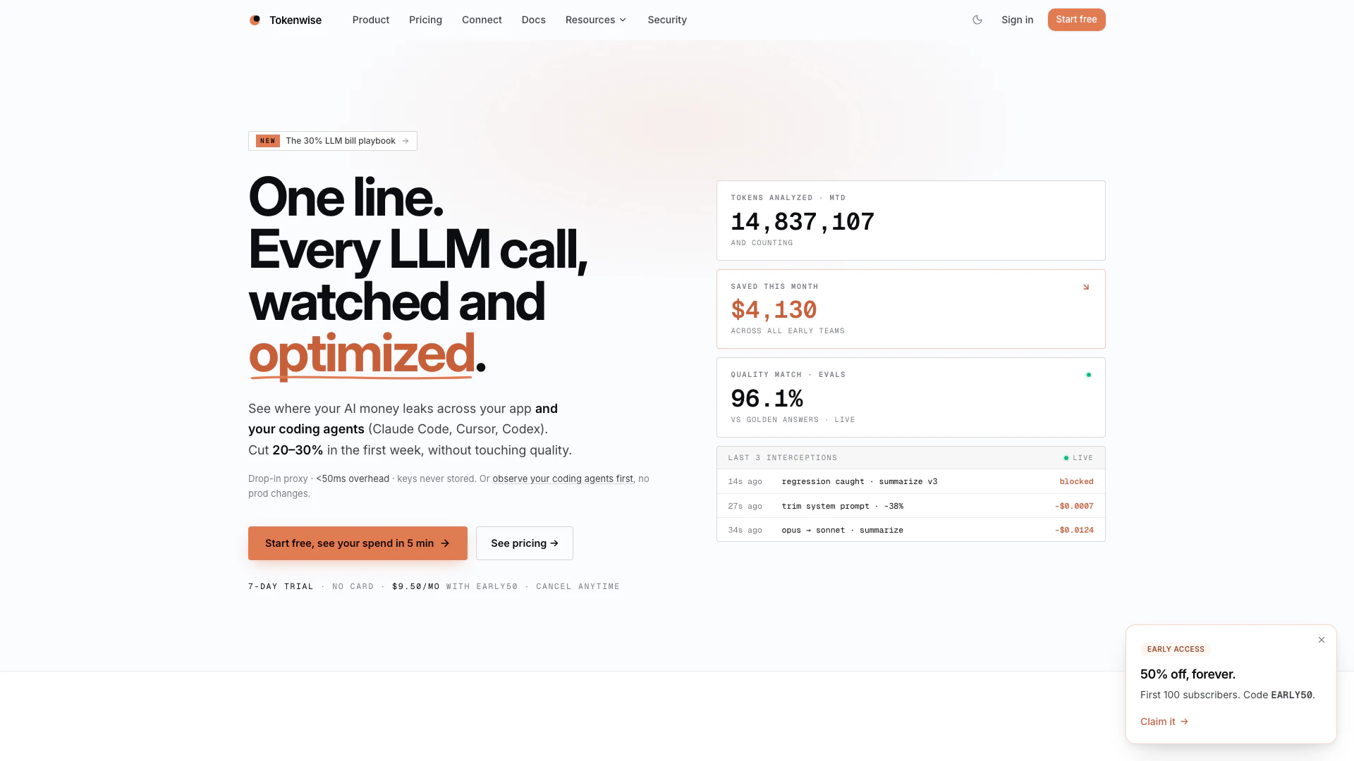 Tokenwisehq website screenshot showing Tokenwisehq is your AI cost and performa... interface and features