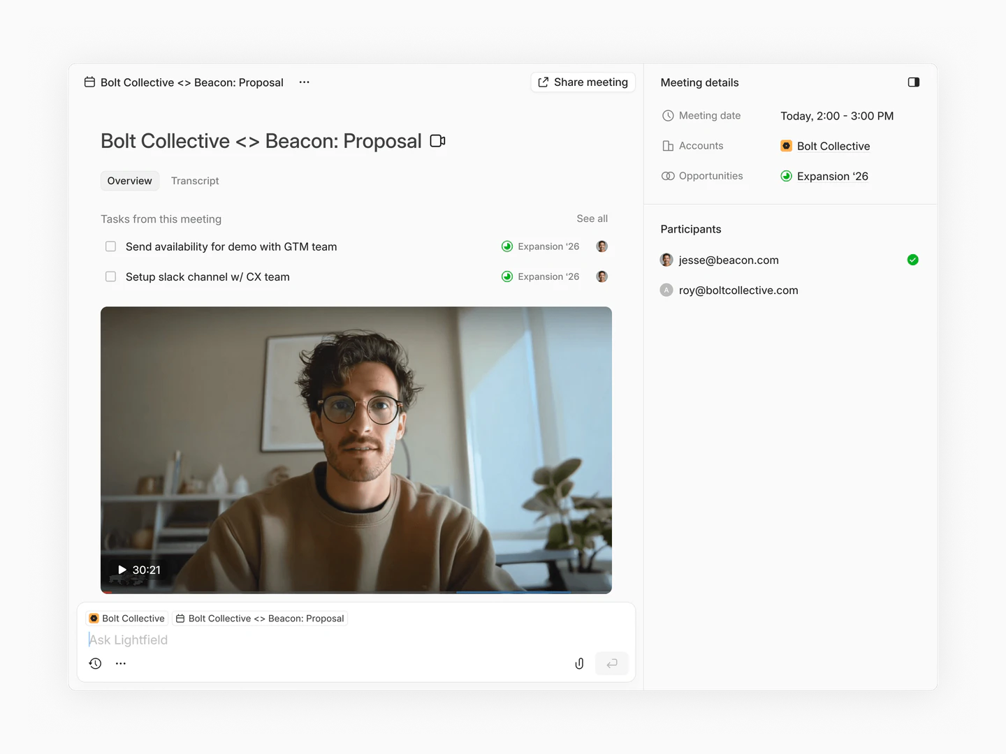 Lightfield CRM meeting preparation interface