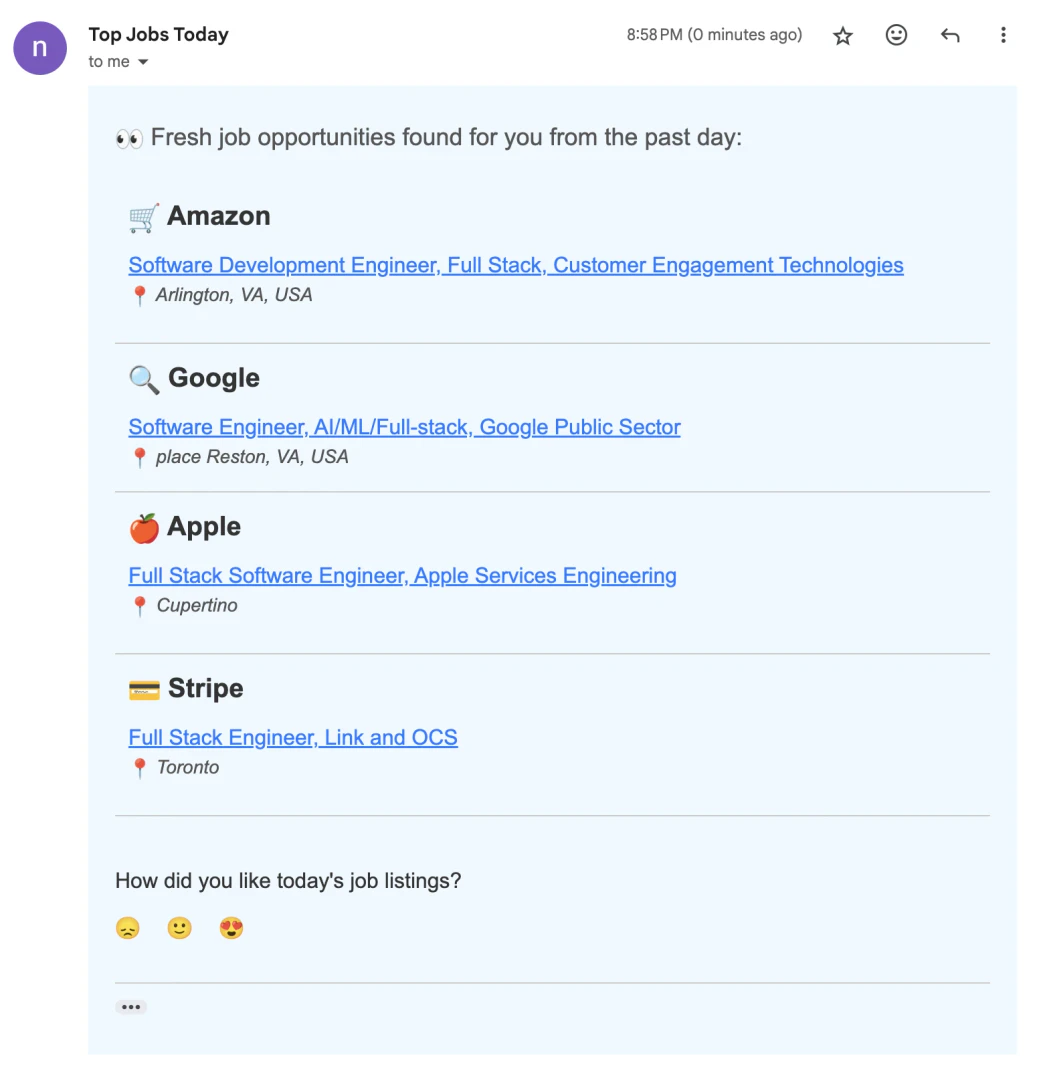 Top Jobs Today email alert example for fresh job postings