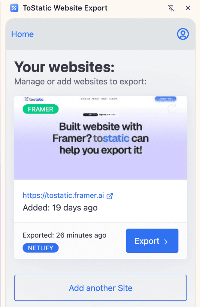 Tostatic product overview showing website export feature