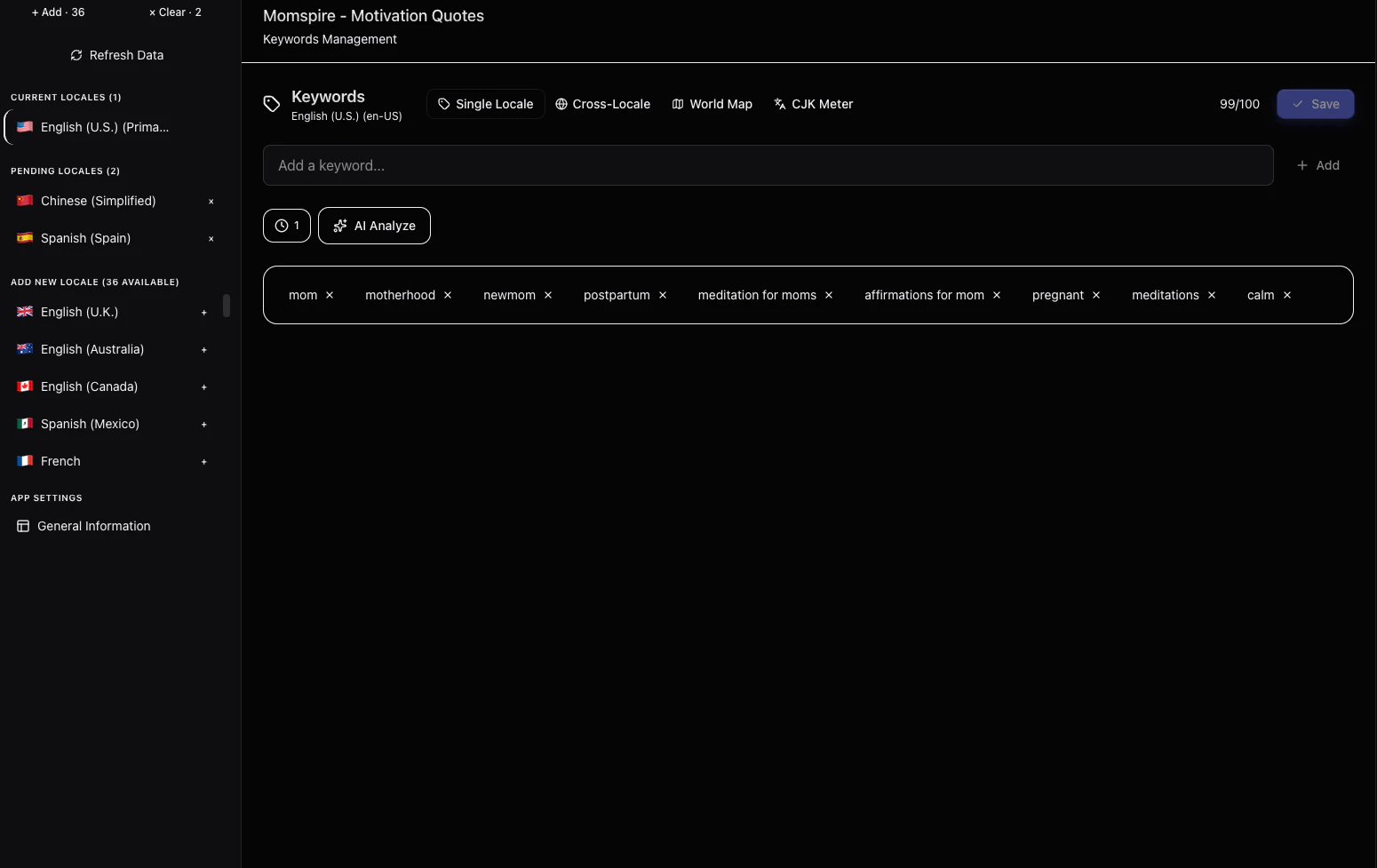 TotalASO keywords manager interface
