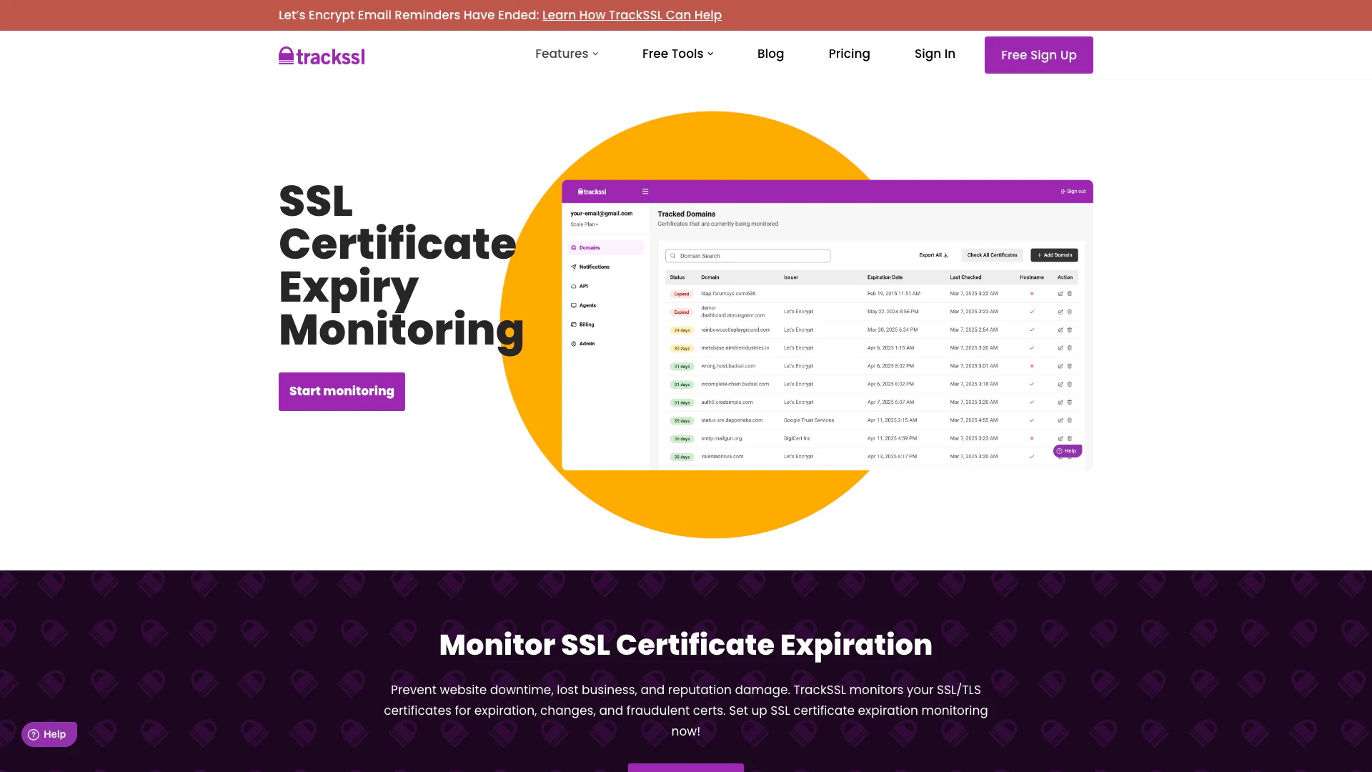 Trackssl website screenshot showing TrackSSL is a free service that helps yo... interface and features